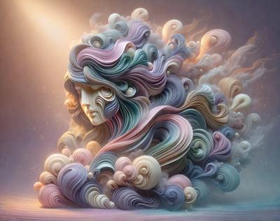 The primary subject of the image is a woman with long, flowing hair. She is depicted in a colorful and artistic manner, with her hair appearing to be made of paper. The setting is a cloudy sky, which adds to the overall atmosphere of the image. The visual style is a combination of digital art and illustration, creating a unique and eye-catching piece of art. The colors and mood of the image are vibrant and lively, with the woman's hair being the main focus and source